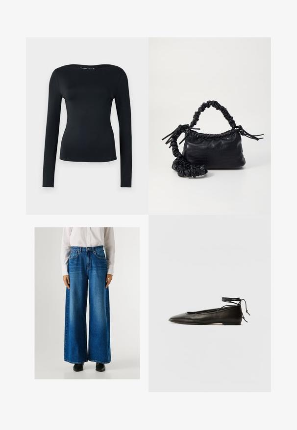 Mustlong-sleeve must, mis on valmistatud siledast venivast kangast; omab laia ümberkaela lõiget ja keha lähedast disaini. Minimalistlik stiil, ilma nähtavate mustrite või detailideta.; Sinine laiemate säärega teksapüksid kõrge vöökohaga, valmistatud denimist, kus on ees taskud ja nööbiga kinnitamine. Sile tekstuur klassikalises pesus.; Must mustast balletijalatsid, millel on terav nina, pahkluu seotud ja lame tall, sujuva tekstuuri ning minimalistlik disain.; Must must sünteetilisest nahast käekott, millel on krokodillimuster, kokku tõmmatav ülaosa ja kortsus rihm. Tundub pehme ja kompaktne disain.