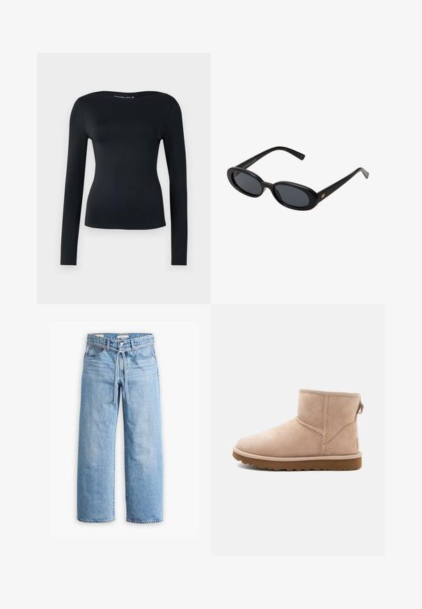 Top negro de manga larga hecho de una tela suave y elástica; presenta un escote amplio y un diseño ajustado. Estilo minimalista sin patrones o acentos visibles.; Jeans anchos de denim azul claro con cintura alta, cierre de botón y cremallera, y detalle de cordón en la cintura. Acabado con dobladillo sin rematar.; Botín de ante beige con punta redonda, acentos cosidos y suela de goma marrón texturizada. Presenta una pestaña en la parte trasera.; Gafas de sol grandes de color negro con lentes ovalados, montura de plástico suave y detalles dorados en las patillas. Los lentes oscuros ofrecen protección solar.