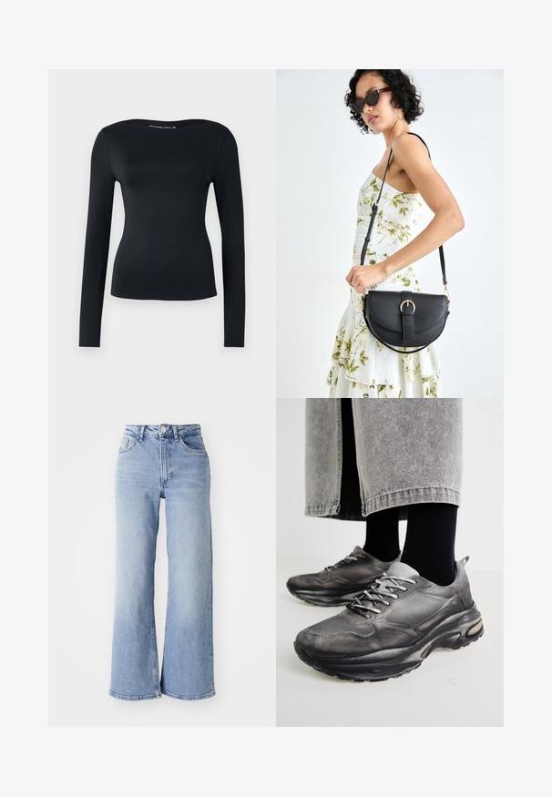 Top preto de manga longa feito de um tecido liso e elástico; apresenta um decote largo e um design ajustado. Estilo minimalista sem padrões ou detalhes visíveis.; Jeans de cintura alta, de perna larga, em azul claro, com bolsos frontais e traseiros, fecho de botão e desbotamento subtil nas coxas e nas bainhas.; Sapatilhas atléticas pretas e cinzentas apresentam um upper em malha, solas espessas e atacadores. Têm um bico arredondado e detalhes de amortecimento visíveis.; Bolsa de couro preta com forma curva, alça destacável e detalhes em dourado. A bolsa possui uma aba com detalhe de fivela.