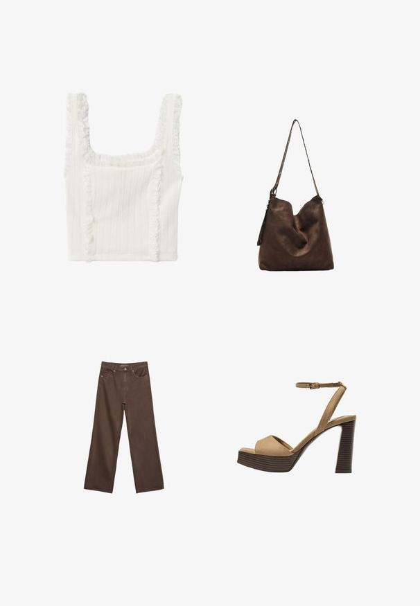 Koton Top - off white; Weite braune Jeans aus Denim, mit hoher Taille, Fronttaschen und klassischem Knopfverschluss. Glatte Textur mit feinen Nähten.; Beige Wildleder-Pumps mit hohem Absatz, breitem Vorderband und Knöchelriemen, ausgestattet mit einem klobigen Holzblockabsatz mit strukturiertem Finish.; Braune Wildleder-Hobo-Tasche mit geschwungenem oberen Teil, einem langen Trageriemen mit Punktakzenten und einer weichen Textur. Verfügt über ein lässiges Design für den täglichen Gebrauch.