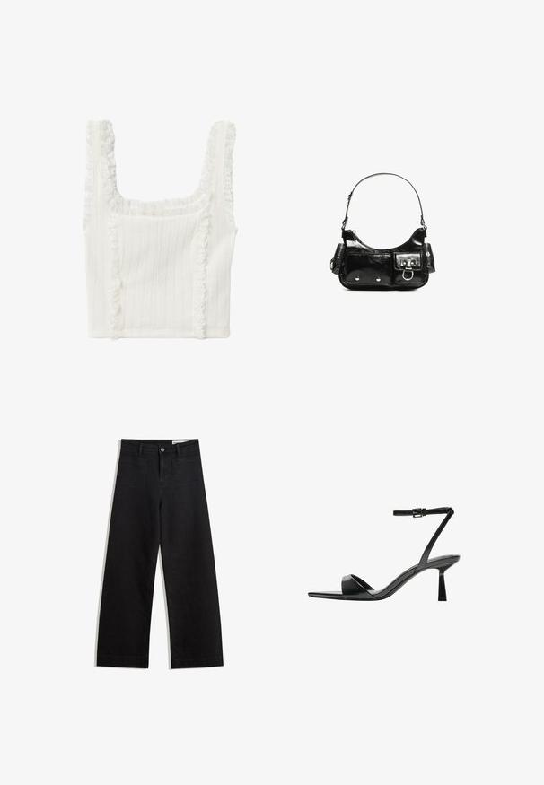 Koton Linne - off white; Svarta vida denimbyxor med hög midja, med fram- och bakfickor, sydda sömmar och knappstängning. Slät textur.; Bershka Sandaletter - black; Svart lackläderhandväska med en rundad form, en axelrem, framfickor och detaljer i silverfärg.