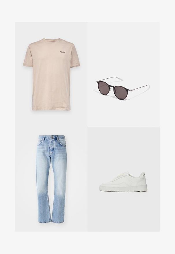 Beež puuvillane T-särk lühikeste varrukatega, ümar kaelus ja vasakul rinnal trükitud "ARMANI EXCHANGE" logo. Pehme tekstuur, minimaalne disain.; Heled sinine teksapüksid sirge lõikega. Omab viit taskut, nööpide kinnitust ja pleekinud tekstuuri allosas.; Valge nahast tennis, millel on sile põhi, ümar varvas, lamedad nöörid ja tekstuuriline tall. Sisaldab diskreetset logo kontsaribal.; Mustad mustad prillid tumedate läätsedega ja õhukeste metallist käepidemetega. Kaarja kujuga seljaosa ja hõbedased aktsendid hingel. Minimalistlik disain.