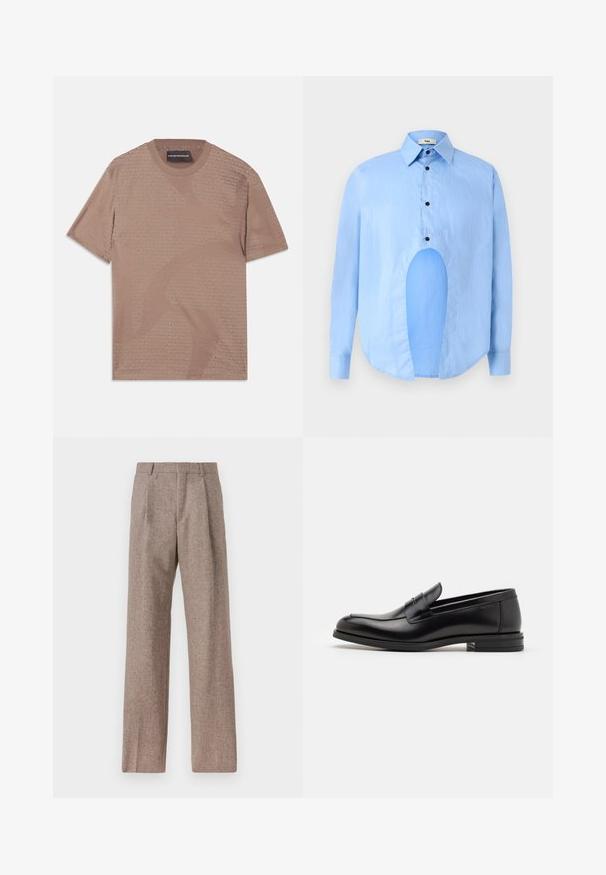 Krátký rukáv béžové tričko vyrobené z měkké tkaniny s jemným vzorem loga Emporio Armani po celém povrchu. Kulatý výstřih s švy.; Světle modrá košile s dlouhými rukávy, špičatým límcem, černými knoflíky a unikátním výřezem vpředu pro výjimečný design.; Hnědé kalhoty s vysokým pasem vyrobené z texturované látky. Mají široké nohavice a dva přední sklady pro strukturu. Úhledné provedení bez viditelné kovových částí.; Černé kožené polobotky s hladkou texturou, zaoblenou špičkou a zdobným páskem přes nárt. Nízký stohovaný podpatek, minimalistický design.