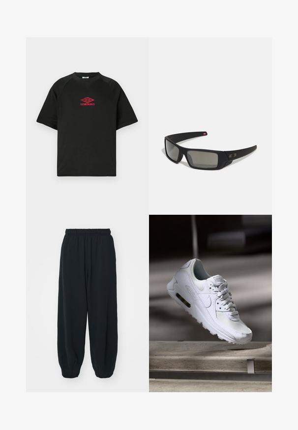 Camiseta preta de manga curta com decote redondo, com o logótipo vermelho da Umbro centrado no peito, sobre um fundo branco simples.; Calças de fato de treino pretas, com cintura elástica e um corte solto, com punhos nas pernas, textura suave e sem padrões visíveis ou detalhes de metal.; Sapatilha Nike Air Max 90 branca com parte superior em malha e couro, caixa de dedos perfurada e uma unidade de ar visível no calcanhar.; Óculos de sol pretos com acabamento mate, lentes retangulares, leve curvatura nas hastes, detalhe sutil do logo e lentes de cor fumada.