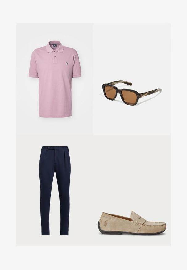 Svijetlo ružičasta polo majica od pamuka, s kopčanjem na dva gumba i izvezenim logom životinje na lijevoj strani prsnog koša. Kratki rukavi.; Tamno plave krojene hlače s ravnim prednjim dijelom, dva prednja nabora i jednim zatvaračem na gumb, izrađene od glatkog, teksturiranog materijala.; Bež suknjeni mokasini s prošivom, ravnim gumiranim potplatom i malim logotipom sa strane. Klasičan dizajn za jednostavno obuvanje, mekana textura.; Plastične sunčane naočale s uzorkom kornjače, osmerokutnim smešnim lećama u smešnoj boji i tankim zlatnim detaljima na okviru.
