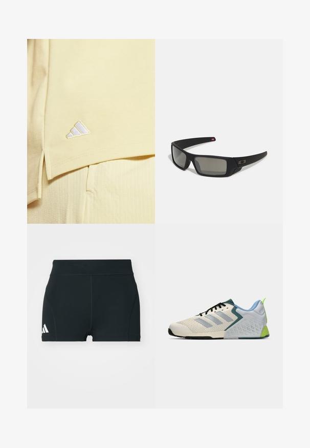 Svetlo rumena športna majica iz gladkega materiala, ki ima na levi strani belo vezeno logo v obliki treh črt.; Črne atletske hlače iz raztegljivega materiala, z visokim pasom, oprijetim krojem in belim logotipom Adidas na levi strani.; Lahki atletski čevlji z zgornjim delom iz kremaste mreže, sivimi črtami, zelenim poudarkom in teksturiranim modrim petnim delom. Črni vezalke.; Crne sončne naočale s mat površinom, pravokutne leće, blagi luk na sljepilima, diskretna oznaka i leće sa dimnim nijansama.
