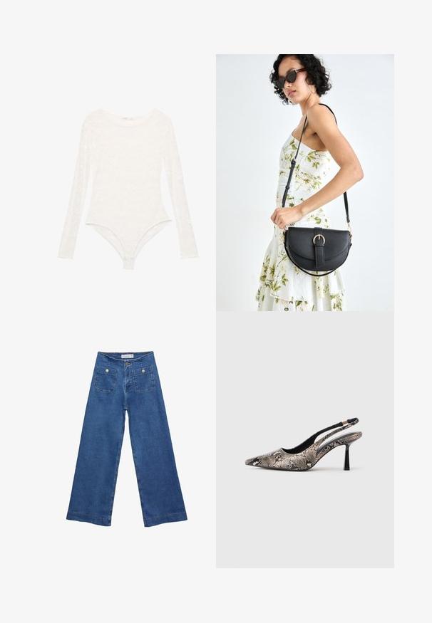 Biely čipkovaný body s dlhým rukávom, okrúhlym výstrihom a priliehavým strihom, s kvetinovým vzorom a uzáverom na thong.; Džínsy s širokými nohavicami v stredne modrej farbe, s dvoma prednými vreckami na gombíkovné zapínanie a šitými detailmi pozdĺž lemov.; Špicaté slingback topánky vyrobené z textúrovaného hadieho vzoru, s tenkým čiernym podpätkom a výrezovým dizajnom na stranách.; Čierna kožená kabelka s zaobleným tvarom, odnímateľným popruhom a zlatými doplnkami. Kabelka má klopu s detailom s prackou.