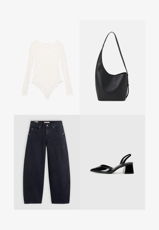 Fehér csipkés, hosszú ujjú body, kerek nyakkivágással és testhezálló szabással, virágmintával és tanga alsó záródással.; Fekete farmer széles szárú nadrág magas derékkal, két elülső zsebből és ezüst színű fémrészekből áll. Simább anyagú, minimális varrási részletekkel és egyenes vonalvezetéssel.; Fekete lakk bőr szandálkés magas sarkú cipő, hegyes orral és geometrikus tömbsarkakkal. Karcsú, minimalista dizájn és sima textúra jellemzi.; Fekete bőr hobo táska sima textúrával, ívelt formával és egyetlen állítható pánttal; széles nyílás található a tetején.