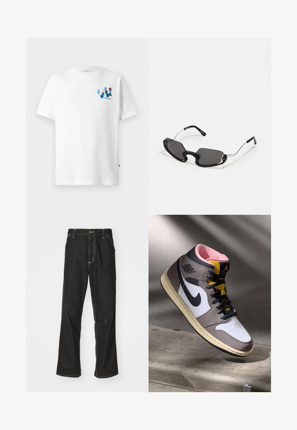 T-shirt de algodão branca com um design abstracto colorido no lado esquerdo do peito, apresentando formas em azul, verde, vermelho e pêssego. Mangas curtas e gola redonda.; Calças de ganga pretas de corte largo, com costuras brancas em contraste, fecho de botão e design de perna reta.; Tênis Nike Air Jordan de cano alto em branco, cinza e preto com interior rosa e língua amarela, posicionados sobre uma superfície de concreto.; Óculos de sol pretos com uma forma de escudo única, apresentando lentes escuras e hastes finas em metal prateado. As armações têm realces arredondados e um design arrojado.