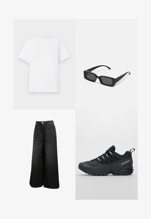 Balta trumpa Rankovė T-shirt pagaminta iš medvilnės. Turi apvalią kaklą, laisvą siluetą ir lygų paviršių, be raštų ar akcentų.; Juodos plačios džinsinės kelnės su aukštu liemeniu, priekyje mygtukas, kišenės ir subtilus logotipas ant priekinės kišenės.; Juodi sportiniai bateliai su tinklelio viršumi, guminėmis išorinėmis dalimis ir atspindinčiomis detalėmis. Savybės: paminkštinta pado konstrukcija ir raištelių užsegimo dizainas.; Juodos stačiakampės saulės akiniai su tamsiais lęšiais, blizgiu paviršiumi, plačiomis kojelėmis ir masyviu rėmeliu. Ant vienos kojelės yra išgraviruotas prekės ženklas.