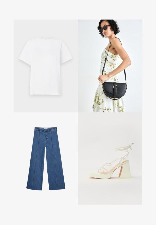 Valkoinen lyhythihainen t-paita, joka on valmistettu puuvillasta. Siinä on pyöreä kaula-aukko, rento istuvuus ja sileä pinta ilman kuvioita tai koristeita.; Korkeat vyötäröiset, keskisiniset, leveiden lahkeiden denim-farkut, joissa on nappikiinnitys ja kontrastiväriset pystysaumadetaileja edessä.; Valkoinen korkokenkä, jossa on paksu korko, ja joka sisältää nauhakiinnityksen ja nilkkaketjun. Sujuva pinta, jossa on platform-etupohja lisäkorkeutta varten.; Musta nahkainen käsilaukku, joka on kaareva muotoilultaan, irrotettavalla hihnalla ja kultaisilla yksityiskohdilla. Laukussa on läppä, jossa on solk yksityiskohta.