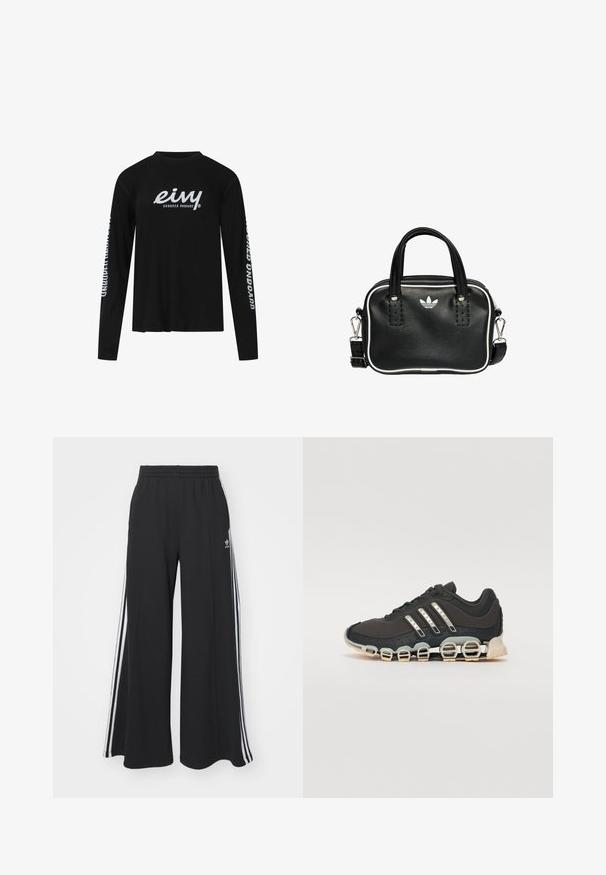 Schwarzes langärmliges T-Shirt aus Baumwolle mit einem großen weißen Grafiklogo auf der Vorderseite und Text entlang beider Ärmel. Rundhalsausschnitt, lockere Passform.; Schwarze weite Sweatpants mit elastischem Bund, versehen mit weißen Seitestreifen und einem gestickten Logo auf dem linken Oberschenkel.; Schwarzer Sportschuh mit einer strukturierten Oberseite, drei silbernen Streifen und einer markanten Dämpfungssohle mit mehreren integrierten Sektionen.; Schwarze Lederhandtasche mit zwei kurzen Griffen, silbernem Zubehör, weißen Akzenten und einem weißen Logo. Verfügt über eine strukturierte Oberfläche und ein kompaktes Design.