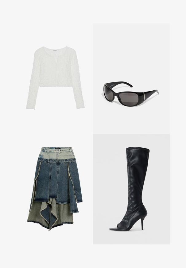 Even&Odd LAYA - Langarmshirt - off white; Jeansrock mit einem Patchwork-Design in verschiedenen Blau- und Grüntönen, fransigen Kanten, asymmetrischem Saum und mehreren Panelen.; Schwarze synthetische Lederstiefel in Knielänge mit einer spitzen offenen Zehe und einem hohen Stiletto-Absatz. Strukturierte Oberseite und glatte Oberfläche.; Schwarze Sonnenbrille mit glänzendem Kunststoffrahmen, grauen verlaufenden Gläsern und silberfarbenen Akzenten an den Seiten. Schlankes, geschwungenes Design.; Desigual Handtasche - black