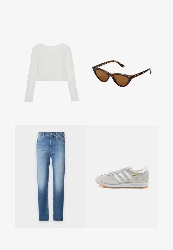 Even&Odd LAYA - Long sleeved top - off white; Light blue denim jeans with a straight fit, faded texture, five pockets, and a button closure at the waist. Distinctive stitching detail.; Light grey sneaker made of suede and mesh, featuring three white stripes, round toe, and a gum rubber sole. Gold logo accent near laces.; Cat-eye sunglasses with a black and orange tortoiseshell frame, brown lenses, and sleek, pointed tips. Features a minimal logo on the temple.