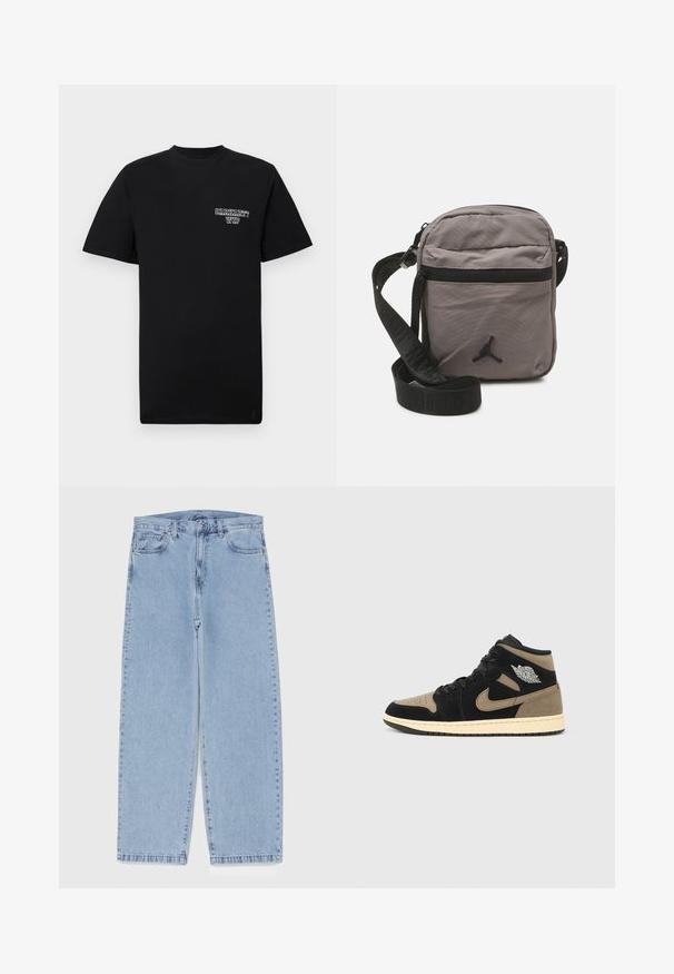 Czarny bawełniany T-shirt z krótkim rękawem i okrągłym dekoltem, z białym nadrukowanym logo na lewej piersi. Gładka tekstura, standardowy krój.; Jasnoniebieskie dżinsy o prostym kroju nogawki, z średnim stanem, pięcioma kieszeniami oraz zapięciem na guzik i zamek błyskawiczny.; Wysokie trampki wykonane z czarnego i beżowego zamszu, z perforowanym noskiem, beżową podeszwą środkową, czarnymi sznurowadłami oraz srebrnym logo po boku.; Szara nylonowa torba na ramię z zasuwaną przednią kieszenią, regulowanym czarnym paskiem oraz czarnym logo na przedzie. Kompaktowy i lekki design.; Granatowy plecak z czerwonymi akcentami, wieloma zamykanymi na zamek kieszeniami, naszywkami z logo i regulowanymi paskami. Wykonany z trwałej tkaniny.