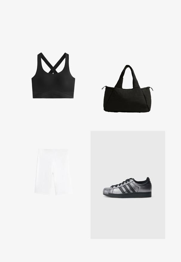 Sutien sport negru cu bretele intersectate, textură netedă și un bandaj lat cu un model în zig-zag pe secțiunea inferioară.; Pantaloni scurți albi dintr-un material elastic, având un talie elastică și un design neted, fără cusături. Lungime până la mijlocul coapsei.; Adidași negri și argintiu metalic, cu vârf rotund, trei dungi negre și partea superioară texturată. Șireturi negre și talpă din cauciuc.; Geantă tote neagră cu o textură pufoasă, având două mânere scurte și o buzunar lateral prins cu șnur. Design simplu, unghiular.