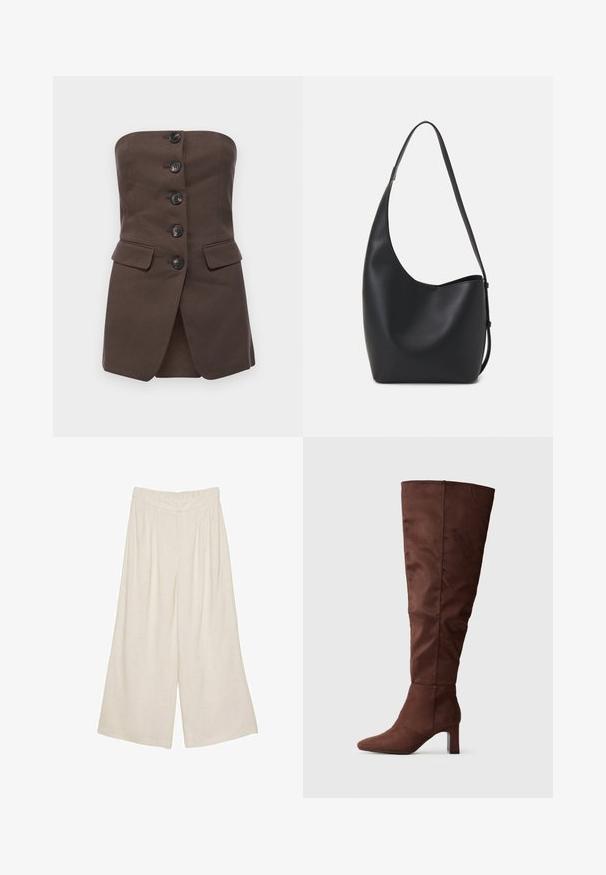 Malina LEX ciemnobrązowy; Lnianowe spodnie o szerokich nogawkach w jasnym beżowym kolorze z plisowanym wzorem i elastycznym pasem dla komfortu i swobody noszenia.; Brąsowe kozaki do kolan wykonane z miękkiego materiału przypominającego zamsz. Posiadają spiczasty czubek i warstwowy obcas dla stabilności. Gładkie, matowe wykończenie.; Czarna skórzana torba hobo o gładkiej fakturze, zaokrąglonym kształcie i pojedynczym, regulowanym pasku; posiada szerokie otwarcie na górze.