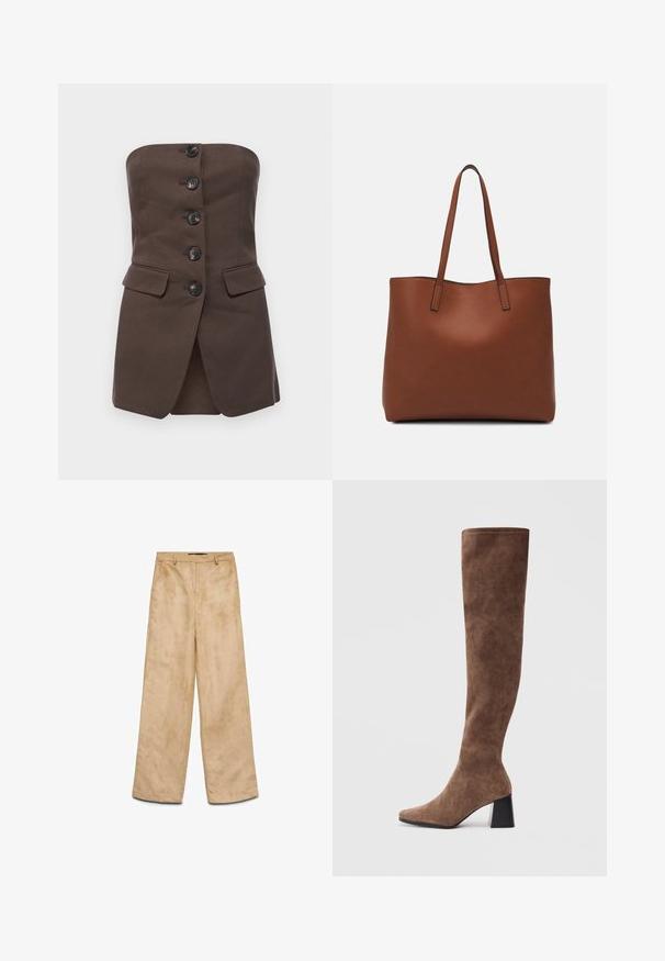 Malina LEX TAILORED BUSTIER - Top - chocolate; Beige suède brede broek met een gladde textuur, voorzien van een gulp aan de voorkant, riemlussen en twee zijzakken.; Bruine boven-de-knie laarzen van zacht suede met een spitse neus en een chunky zwarte hak. Het ontwerp heeft naadloze stiksels voor een strakke uitstraling.; Bruine leren tote bag met een gladde textuur, een ontwerp met een open bovenkant en twee schouderbanden. Kenmerkt zich door minimale stiksels en geen zichtbare hardware.