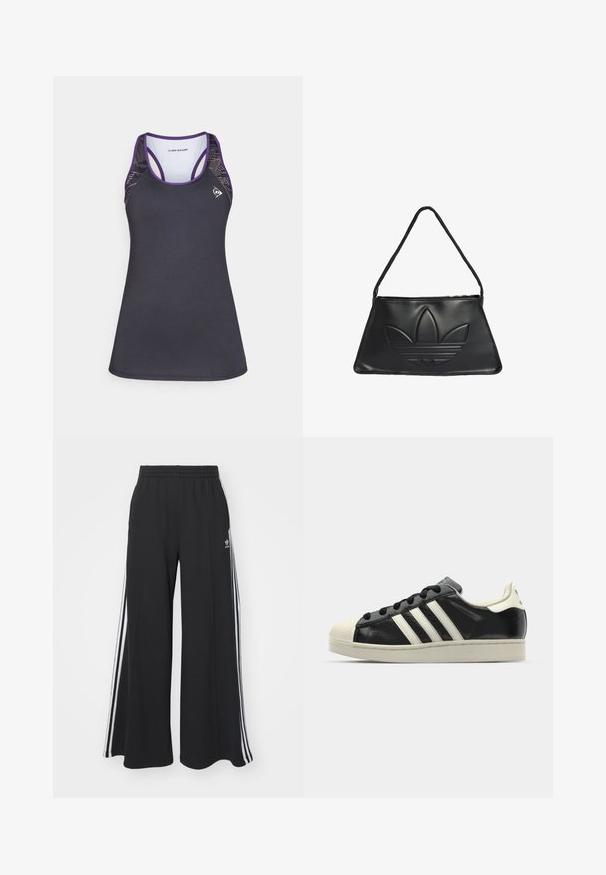 Canottiera sportiva nera con dettagli viola, caratterizzata da un design racerback e lati in mesh testurizzato. Realizzata in un tessuto traspirante che allontana l'umidità.; Pantaloni in felpa neri a gamba larga con vita elastica, dotati di strisce bianche sui lati e un logo ricamato sulla coscia sinistra.; Sneaker in pelle nera con strisce bianche, punta in gomma, lacci neri e suola di colore crema. Texture liscia con finitura brillante.; Borsa a tracolla in pelle nera con forma trapezoidale, caratterizzata da un design del logo Adidas in rilievo e una sottile tracolla. Chiusura a zip sulla parte superiore.