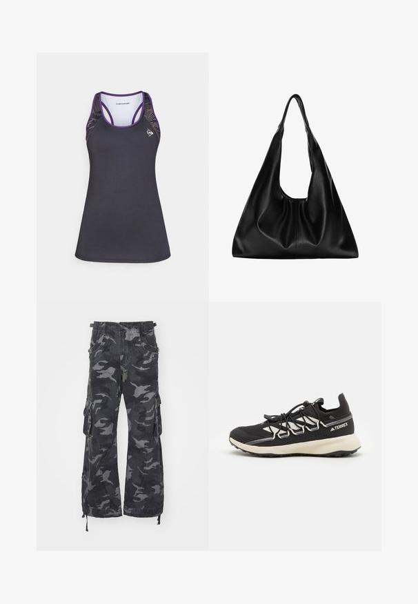 Black athletic tank top with purple accents, featuring a racerback design and textured mesh sides. Made from moisture-wicking fabric.; Cargo pants in a black and gray camouflage pattern, featuring multiple pockets, a drawstring hem, and a relaxed fit. Adjustable waistband detail.; Black athletic shoe with a textured upper, contrasting white accents, a molded sole, and elastic laces. Features a printed logo on the heel.; Black leather hobo bag with a soft, curved shape. Features a wide top handle and gathers at the base for a slouchy texture.