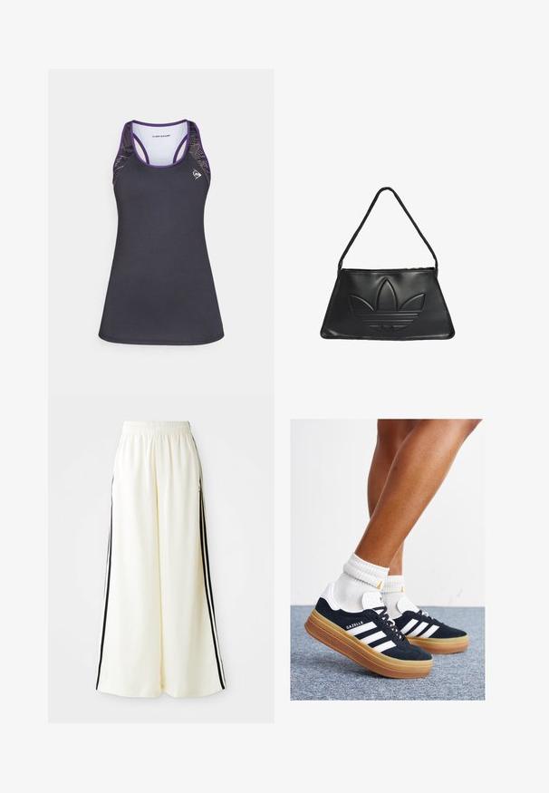 Schwarzes Sporttanktop mit lila Akzenten, mit Racerback-Design und strukturierten Mesh-Seiten. Hergestellt aus feuchtigkeitsableitendem Material.; Weiße weite Hosen mit elastischem Bund und schwarzen vertikalen Streifen an den äußeren Nähten.; Schwarze Wildledersneaker mit weißen Streifen und Akzenten, rundlicher Zehenbereich, Sohlen aus braunem Gummi, kombiniert mit weißen, gerippten Sneakersocken.; Schwarze Lederhandtasche mit trapezförmiger Form, ausgestattet mit einem erhöhten Adidas-Logo-Design und einem dünnen Schultergurt. Reißverschlussöffnung an der Oberseite.