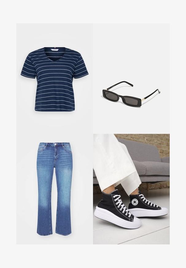Navy modrá V-krčný tričko vyrobené z mäkkého bavlneného materiálu, s vodorovnými bielymi pruhmi, krátkymi rukávmi a voľným strihom.; Džínsy v svetlom až stredne modrom prechode. Majú rovný strih, päť vreciek a prešité detaily pozdĺž švov.; Čierne vysoké tenisky s bielymi gumovými podrážkami a šnúrkami. Obsahujú okrúhlu nášivku s logom a kontrastné biele prešívanie. Materiál je plátený.; Čierne obdĺžnikové slnečné okuliare s tmavými šošovkami, lesklými plastovými rámami a zlatými akcentmi na spánkoch. Minimalistický dizajn a štíhly tvar.
