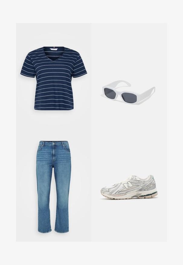 Tumed sinine V-kaelusega T-särk, mis on valmistatud pehmest puuvillast, horisontaalsete valgete triipudega, lühikeste varrukatega ja mugava lõikega.; Heledad sinine teksad sirge lahaga, viie tasku, vöökohad ja õrn pleekimine ees.; Jooksujalatsitel on hõbedane ja valge võrgusilmast ülemine osa rohelise aktsendiga. Tallal on jäme ja tekstuurne disain, mis on loodud pehmendamiseks ja toestamiseks.; Valged ristkülikukujulised prillid tumedate läätsede, siledaga mati viimistluse ja paksude kantide ning nurkade disainiga.