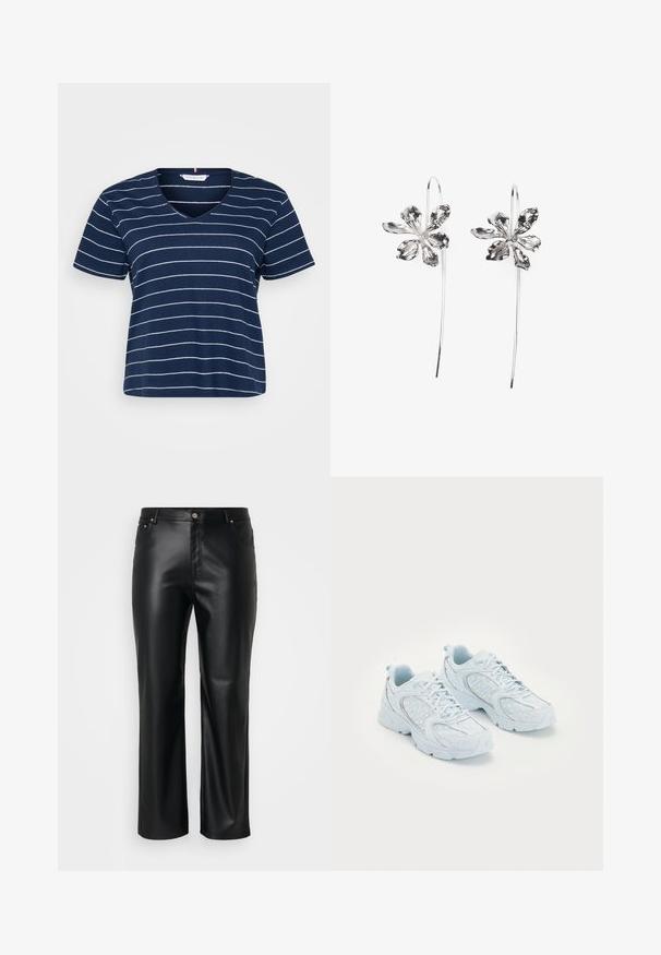 Navy blue V-neck t-shirt made of soft cotton, featuring horizontal white stripes, short sleeves, and a relaxed fit.; Black faux leather pants with a straight cut, featuring belt loops, front pockets, and a zip fly with a button closure. Smooth texture.; Light blue athletic shoes with a mesh and synthetic upper, featuring white polka dots and reflective accents, lace-up design, and cushioned soles.; Silver flower-shaped earrings with a textured finish, featuring long hooks and petal-like details for an intricate design.