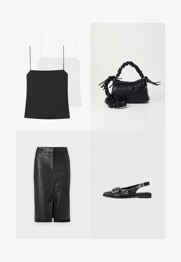 Es sind zwei Spaghettiträgershirts zu sehen: eines in Schwarz und eines in Weiß. Beide haben dünne Träger und ein figurbetontes Design, gefertigt aus einem glatten, dehnbaren Stoff.; Schwarzer Leder-Bleistiftrock mit einem Schlitz auf der Vorderseite, ausgestattet mit einer glatten Textur, zwei Seitentaschen und einer figurbetonten Silhouette.; Schwarzer Leder-Slingback-Schuh mit spitzer Zehe, zwei silbernen Schnallen und einem niedrigen Blockabsatz. Mit strukturiertem Obermaterial und offener Ferse.; Schwarze Handtasche aus Kunstleder mit Krokodilstruktur, gerafftem oberen Teil und einem geschoppten Tragegurt. Sie wirkt weich und kompakt im Design.
