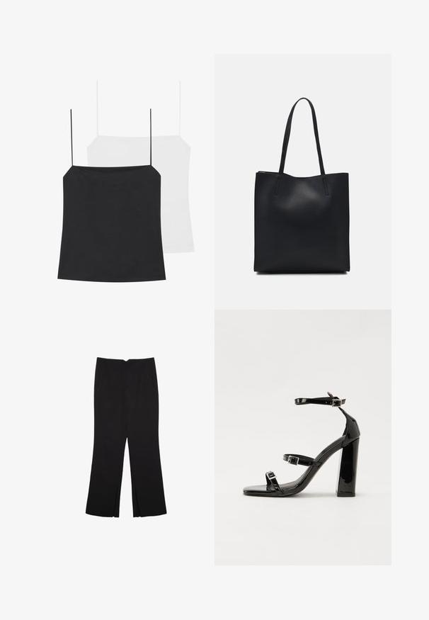 Es sind zwei Spaghettiträgershirts zu sehen: eines in Schwarz und eines in Weiß. Beide haben dünne Träger und ein figurbetontes Design, gefertigt aus einem glatten, dehnbaren Stoff.; Schwarze Hose mit geradem Schnitt, ausgestattet mit Fronttaschen und Seitenschlitzen am Saum. Hergestellt aus weichem, glattem Stoff. Geeignet für verschiedene Anlässe.; Schwarze Lackleder-Sandalen mit hohen Absätzen, zwei Riemen mit Schnallen, quadratischer Zehenpartie und klobigem Blockabsatz, mit einer glatten, glänzenden Textur.; Schwarze Laptoptasche aus Leder mit glatter Textur, rechteckiger Form und zwei langen Griffen. Keine sichtbaren Beschläge oder Verzierungen.