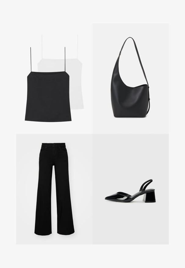 Se muestran dos camisetas de tirantes: una negra y una blanca. Ambas tienen tirantes finos y un diseño ajustado fabricado con una tela suave y elástica.; Pantalones de mezclilla de pierna ancha y color negro, con una cinturilla estructurada, pasadores para cinturón y bolsillos frontales. Textura suave con un diseño clásico.; Zapatos de tacón slingback de charol negro con punta afilada y tacón geométrico en bloque. Presentan un diseño elegante y minimalista, así como una textura suave.; Bolso tipo hobo de cuero negro con una textura suave, forma curvada y una sola correa ajustable; presenta una amplia apertura en la parte superior.
