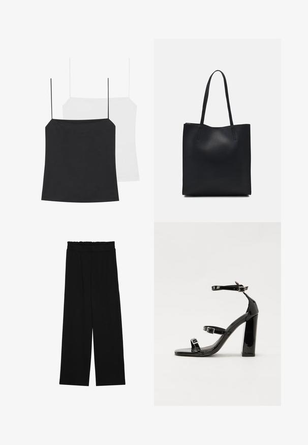 Es sind zwei Spaghettiträgershirts zu sehen: eines in Schwarz und eines in Weiß. Beide haben dünne Träger und ein figurbetontes Design, gefertigt aus einem glatten, dehnbaren Stoff.; Schwarze weit geschnittene Hose mit einem gerüschten Bund, ausgestattet mit zwei Seitentaschen und einem glatten, leichten Stoff. Keine sichtbaren Muster oder Beschläge.; Schwarze patentierte Sandalen mit Absatz, quadratischer Spitze, Knöchelriemen und silbernen Schnallen. Mit einem stabilen Blockabsatz für mehr Stabilität.; Schwarze Laptoptasche aus Leder mit glatter Textur, rechteckiger Form und zwei langen Griffen. Keine sichtbaren Beschläge oder Verzierungen.