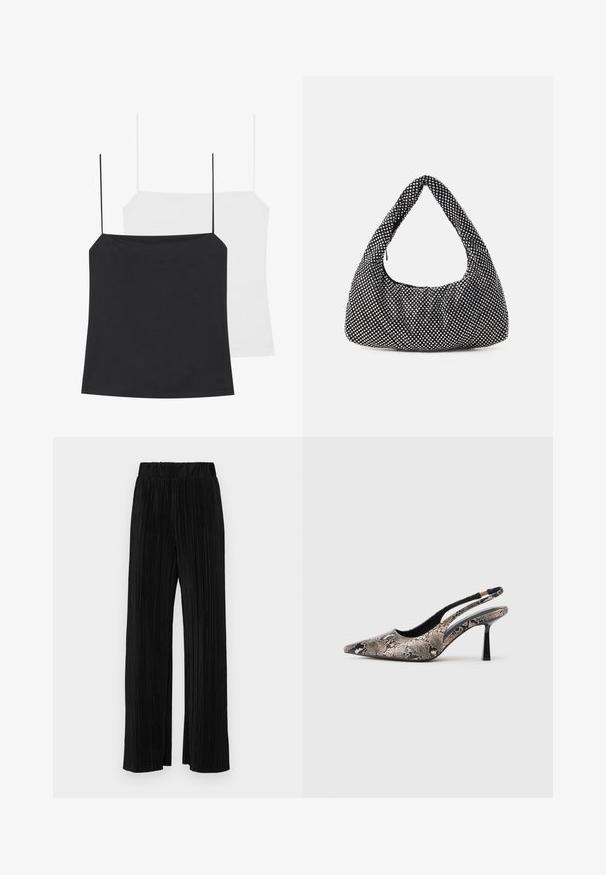 Pateikiamos dvi liemenėlės: viena juoda, kita balta. Abi turi plonas petnešas ir prigludusį dizainą, pagamintos iš lygaus, elastingo audinio.; Juodi plisuoti kelnės su elastine juosta. Turėkite plačias kojas ir glotnų, tekstūrinį audinį su vertikaliais dryžiais.; V-formos slingback batai, pagaminti iš tekstūruoto gyvatės odos raštų, su siauru juodu kulnu ir išpjova šonuose.; Juoda, kreivę formą turinti hobo tipo rankinė, pagaminta iš tekstūruotos medžiagos, puošta sidabriniais kalnų krištolais. Viena viršutinė rankena, su užtrauktuku užsegama ir minkšta siluetas.