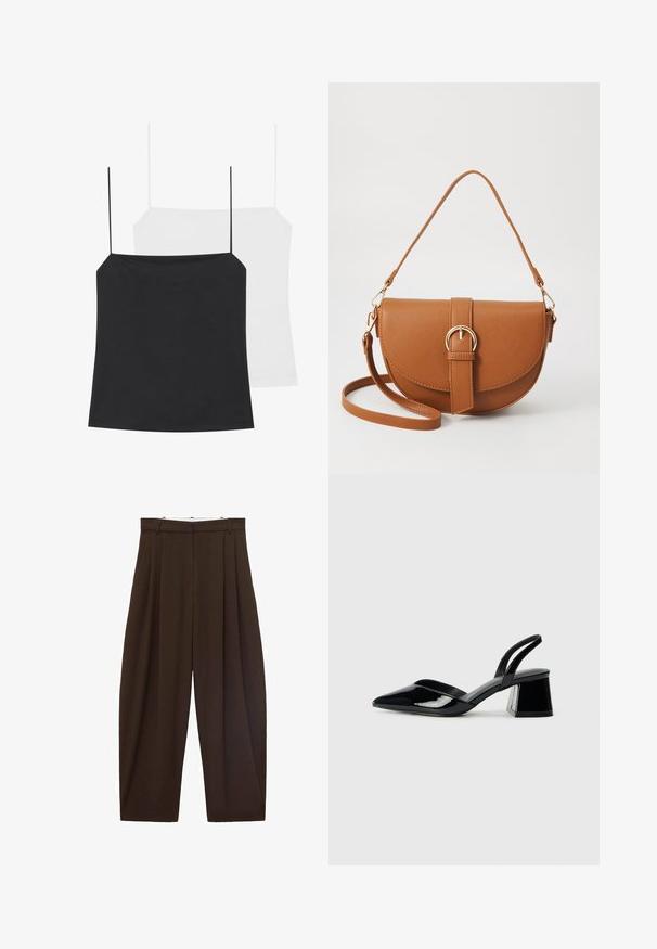 Na zdjęciu znajdują się dwa topy na ramiączkach: czarny i biały. Oba mają cienkie ramiączka oraz dopasowany krój wykonany z gładkiego, elastycznego materiału.; Brązowe spodnie z wysokim stanem z zakładkami, wykonane z gładkiego materiału. Luźny krój, prosta nogawka, z różkami na pasek i suwakiem.; Czarne lakierowane półbuty na obcasie z wydłużonym noskiem i geometrycznym słupkiem. Charakteryzują się eleganckim, minimalistycznym designem oraz gładką fakturą.; Brązowa skórzana torba na ramię o zaokrąglonym kształcie, ze złotymi akcentami i zapięciem w formie klamry. Posiada odpinany pasek na ramię.