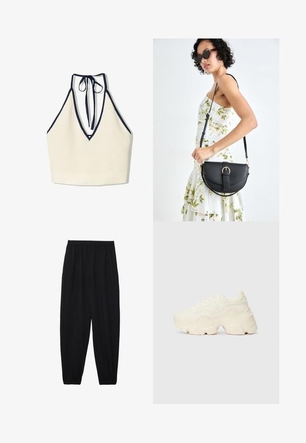 Krém színű, mély V-kivágású pántnélküli felső, tengerészkék díszítéssel, amely texturált kötött anyagból készült, és állítható nyakmegkötővel rendelkezik.; Fekete, könnyű nadrág elasztikus derékkal és ráncolt bokákkal. Az anyag sima és laza, szűkített dizájnnal rendelkezik.; Tömbös fehér sneakers, amely texturált hálóból és szintetikus anyagokból készült, vastag talppal és bonyolult mintázattal az oldalakon.; Fekete bőrtáska ívelt formával, levehető pánttal és arany színű fémrészekkel. A táskán egy csattal díszített fedél található.