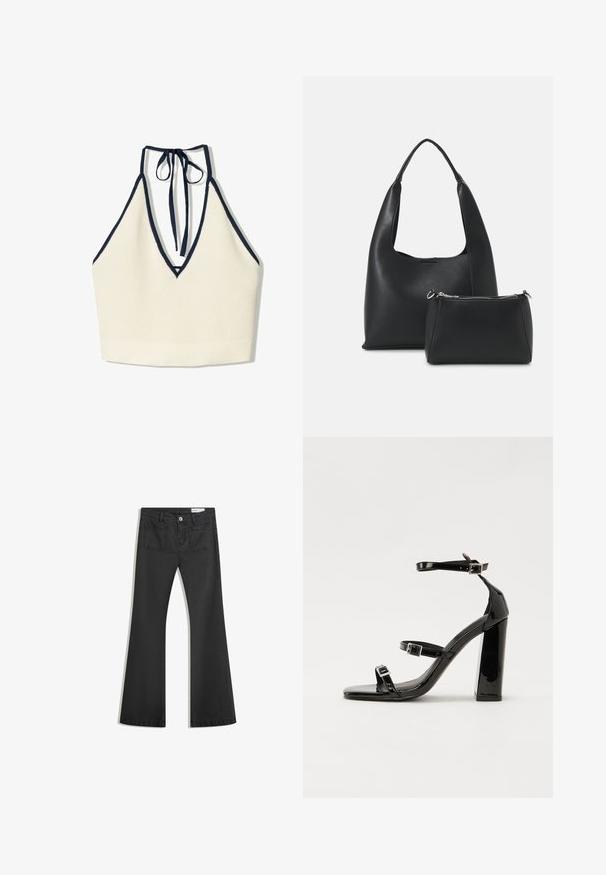 Kremna halter majica z globokim V-izrezom in temno modrim robom, izdelana iz teksturiranega pletenega materiala, z nastavljivim trakom okoli vratu.; Črne flare traperke z gladko teksturo, opremljene z dvema zadnjima žepoma in gumbnim zapiranjem v pasu.; Črne lakirane sandale s peto, kvadratnim prstom, trakovi okrog gležnja in srebrnimi zaponkami. Opremljene so s stabilno Debelo peto.; Even&Odd Torbica - black