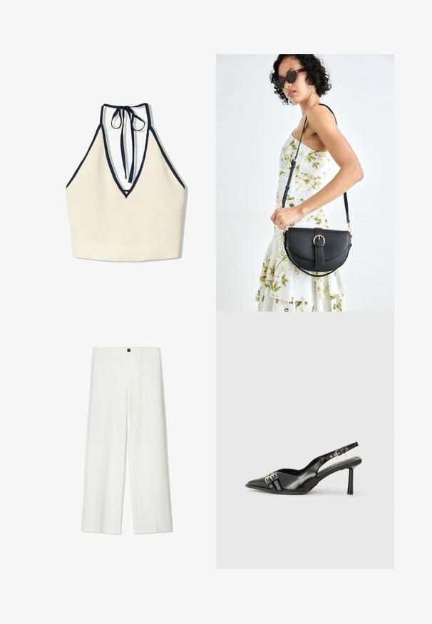 Cream-colored halter top with a deep V-neck and navy blue trim, featuring a textured knit material and adjustable tie at the neck.; White, wide-leg trousers with a smooth texture, featuring a front button closure and belt loops, tailored for a relaxed fit.; Black patent leather slingback shoe with pointed toe, ankle straps featuring silver buckles and hardware, and a slender heel.; Black leather handbag with a curved shape, detachable strap, and gold hardware. The bag features a flap with a buckle detail.