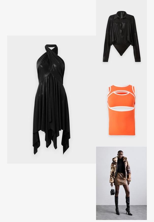 Orange sleeveless top with white accents, featuring cut-out details and a fitted design. Made of smooth, stretchy material.; Black bodysuit with long sleeves, V-neck, and a fitted silhouette. Made of shiny, smooth fabric with a structured collar and cuffs.; Black halter dress with a draped design. Made of shiny material, featuring a twisted neckline and asymmetrical hem. Smooth texture.; Puffer jacket with a brown and black pattern, paired with a brown snake print mini skirt, black knee-high boots, and a small black bag.; Black handbag with a textured design, adorned with silver studs and a chunky silver chain strap. Features a sleek, minimalist shape.
