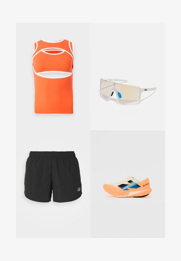Oranje mouwloze top met witte accenten, voorzien van uitsnijdingen en een fitted ontwerp. Gemaakt van soepele, rekbare stof.; Zwarte sportshorts met een elastische tailleband, gemaakt van lichtgewicht stof. Heeft een klein grijs logo aan de rechteronderkant.; Hardloopschoen met een lichtgewicht crèmekleurige bovenkant, blauwe branding en oranje accenten op de zool. Mesh textuur voor ademend vermogen.; Witte, omrande zonnebril met grote, gradient glazen die een tint van roze naar lichtoranje hebben, aangevuld met een blauwe neussteun en logo-details.