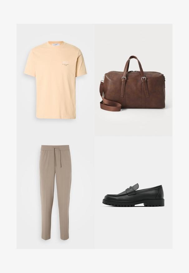 Ferskenfarget bomull T-skjorte med korte ermer, med et lite hvitt grafisk motiv og tekst på venstre brystområde. Enkel rund hals.; Lys beige bukser med elastisk talje, justerbar snor og avsmalnede ben. Stoffet ser glatt ut med en svak glans.; Sorte lærloafere med rund tå, med en syddesign, lav plattformsåle og en teksturert, ruggede gummisåle.; Brun lær duffel bag med topphåndtak, avtagbar stropp, glidelås og glatt tekstur. Minimalistisk design uten synlige logoer.