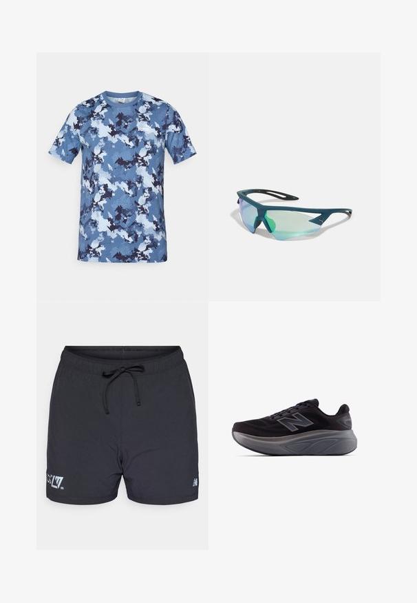 Modré maskáčové tričko vyrobené z lehké látky, s krátkým rukávem a kulatým výstřihem. Bílé logo na přední straně.; Černé plavkové šortky vyrobené z lehkého materiálu, s elastickým pasem a šňůrkou na stažení, a jemným texturovaným vzorem. Logo na přední části.; Černá sportovní bota s texturovaným svrškem, vyztuženým podpatkem a tlustou šedou podrážkou. Obsahuje výrazné logo "N".; Sportovní sluneční brýle s ostrými rysy, tyrkysové barvy a zrcadlovými zelenými skly. Lehký design s tenkými, flexibilními nožičkami.