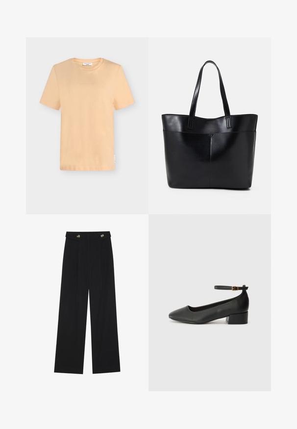 Short-sleeve peach t-shirt. Made of soft fabric with a round neckline. Subtle logo printed on the chest. Straight hem and relaxed fit.; Black wide-leg trousers with high waist, button details on waistband, and front pleats.; Black leather pump with a pointed toe and a low block heel. Features an ankle strap with a gold-tone buckle. Smooth texture.; Black leather tote bag with two long handles, a smooth texture, and a structured shape. Features a front pocket for additional storage.