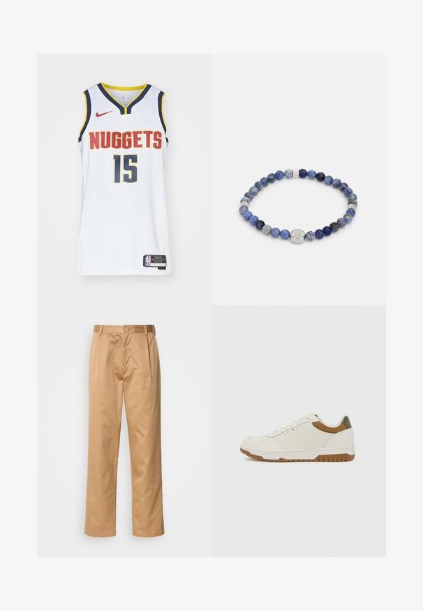 Balts basketbola krekls, uz kura redzams uzraksts "NUGGETS" sarkanā un zilā krāsā, numurs 15 pelēkā krāsā ar dzelteniem akcentiem un Nike logo. Acs auduma tekstūra.; Khaķi bikses, kokvilnas maisījums, taisna kāja, priekšējās krokas, jostas cilpas un pogu aizdare. Gluda tekstūra bez rakstiem.; Tommy Hilfiger BASKET CORE - Treniņu apavi - ecru/army green; Tommy Hilfiger MEN BEADS - Rokassprādze - blue/silver-coloured