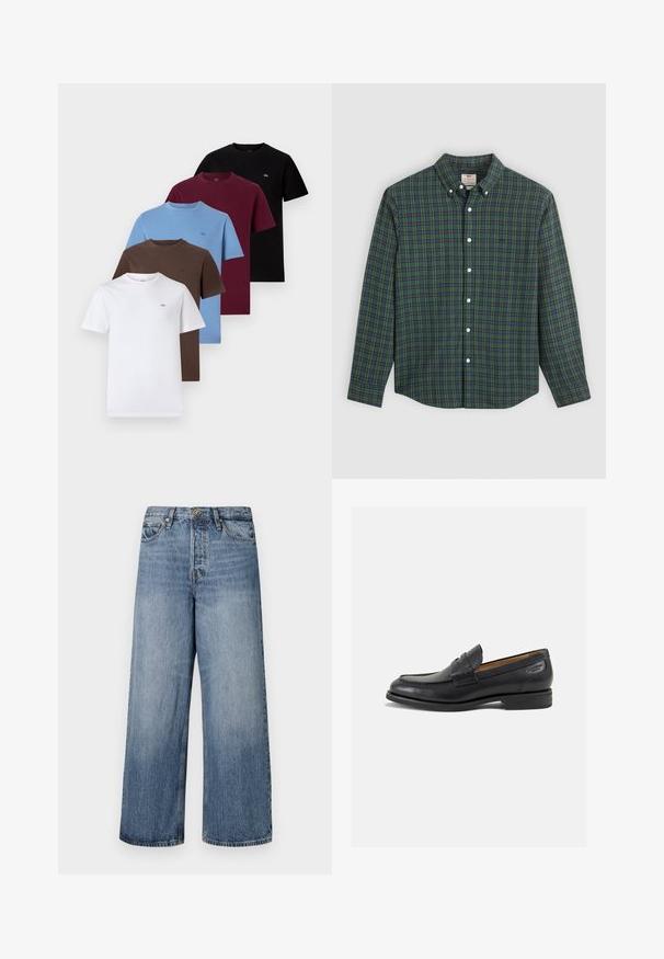 Pięć koszulek z krótkim rękawem w kolorach białym, brązowym, niebieskim, burgundowym i czarnym. Materiał bawełniany, okrągłe dekolty oraz małe akcenty logo na każdej z nich.; Koszula z długim rękawem, zapinana na guziki, w zielono-niebiesko-żółtą kratkę, z białymi guzikami i kołnierzykiem zapinanym na guziki.; Szerokie niebieskie dżinsy z przetarciami, pięcioma kieszeniami i zapięciem na guzik. Wyposażone w szlufki na pasek i przeszycia dekoracyjne.; Czarne skórzane mokasyny o gładkim wykończeniu, zaokrąglonym nosku i dekoracyjnym przeszyciu na cholewce. Niski, warstwowy obcas i delikatny połysk.