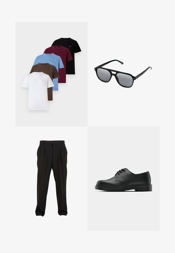 Five short-sleeve t-shirts in white, brown, blue, burgundy, and black. Cotton material, round necklines, and small logo accents on each.; Black trousers with a smooth fabric, featuring front pleats, a button waistband, and tapered ankle cuffs. Classic tailored silhouette.; Black leather oxford shoe with lace-up design, rounded toe, flat rubber sole, and subtle stitching detail along the upper.; Black sunglasses with rectangular frames, gray tinted lenses, and a bridge cutout design. Sleek, glossy plastic material, with narrow temples.