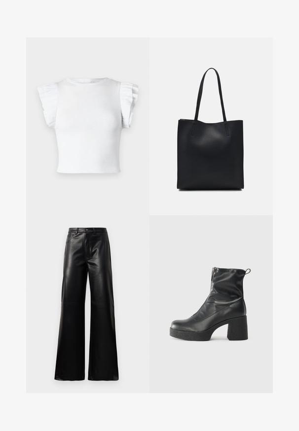 White ribbed top with short, ruffled sleeves and a round neckline. Smooth texture, fitted design, and no visible patterns or hardware details.; Black high-waist wide-leg faux leather pants with front button, zip closure, belt loops, and side pockets on white background.; Black ankle boots made of smooth leather, featuring a side zipper, chunky textured heel, and rounded toe design.; Black leather tote bag with smooth texture, rectangular shape, and two long handles. No visible hardware or embellishments.