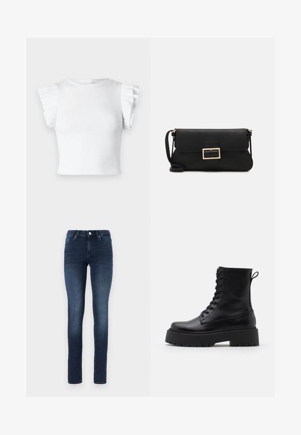 Top bianco a coste con maniche corte e volants e scollatura rotonda. Texture liscia, design aderente e senza motivi visibili o dettagli in metallo.; Jeans skinny blu scuro in denim, caratterizzati da un classico design a cinque tasche, chiusura con bottone e leggere sfumature sulle cosce.; Stivaletti in pelle nera alla caviglia con punta rotonda, lace-up frontale e suola in gomma spessa con battistrada textured. Tassello sul retro.; Borsa a mano in pelle nera con patta e dettaglio in metallo dorato. Include una tracolla nera e un design elegante e minimalista.; Orecchini a cerchio in argento con un design torciglionato, caratterizzati da una finitura lucida e chiusura a perno. Misurano circa 3 cm di diametro.