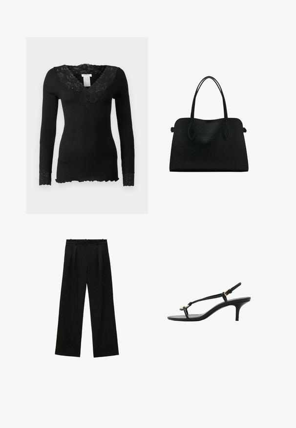 Top negru cu mânecă lungă, cu un textur ribat, având un guler din dantelă florală și accente din dantelă la manșete. Detaliu cu margine ondulată la partea de jos.; Pantaloni negri cu picioare largi și pliseuri, având o textură netedă și un design cu talie înaltă. Stil minimalist, fără accesorii sau detalii vizibile.; Sandal cu toc kitten din piele neagră, cu curele subțiri, cataramă aurie și buclă minimalistă pentru degetele de la picioare, pe un fundal alb.; Geantă din piele neagră cu două mânere pentru umăr, formă rectangulară și design minimalistic pe un fundal alb.