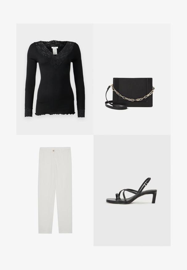 Top negru cu mânecă lungă, cu un textur ribat, având un guler din dantelă florală și accente din dantelă la manșete. Detaliu cu margine ondulată la partea de jos.; Pantaloni albi, croiți, cu un design drept al piciorului, având sistem de închidere cu nasture, bucle pentru curea și buzunare laterale; textură de țesătură netedă.; Sandal cu barete negre, cu vârf pătrat și toc mic de bloc. Prezintă mai multe barete subțiri și o bareta ajustabilă la gleznă. Fabricat din piele netedă.; Geantă de umăr din piele neagră, cu o textură netedă, formă rectangulară și un detaliu din lanț metalic în față. Include curea reglabilă.
