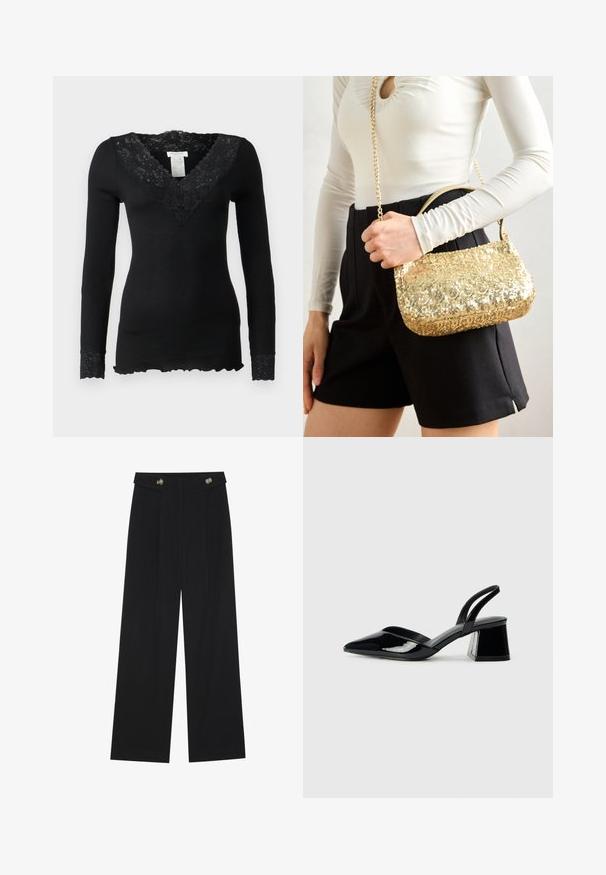 Juodas ilgomis rankovėmis palaidinė su raukšlėta tekstūra, turinti gėlių nėrinių apykaklę ir nėrinių akcentus rankogaliuose. Papuoštas banguotu apvadu apačioje.; Juodi plačios kojos kelnės su aukštu liemeniu, sagų detalėmis ant liemens ir priekinėmis raukšlėmis.; Juodos lakuotos odinės šlepetės su smailiu pirštu ir geometriniu bloko kulnu. Turi elegantišką, minimalistinį dizainą ir lygų paviršių.; Aukso blizgučių rankinė su stačiakampio forma, turinti trumpą rankeną ir ilgą grandinėlę. Paviršius yra blizgus ir atspindintis.